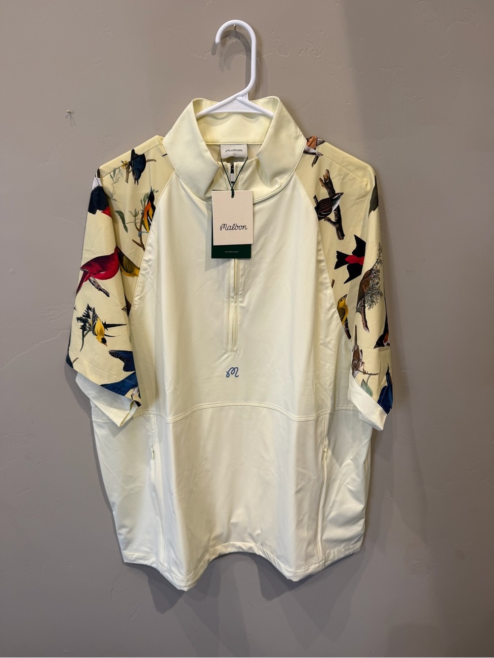 Malbon Cream Short-Sleeve Windbreaker with Bird Print Sleeves